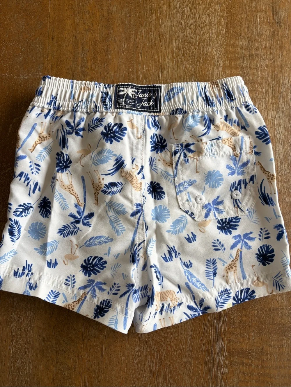 Janie and Jack White Swim Trunks with Blue and Tan Safari Print